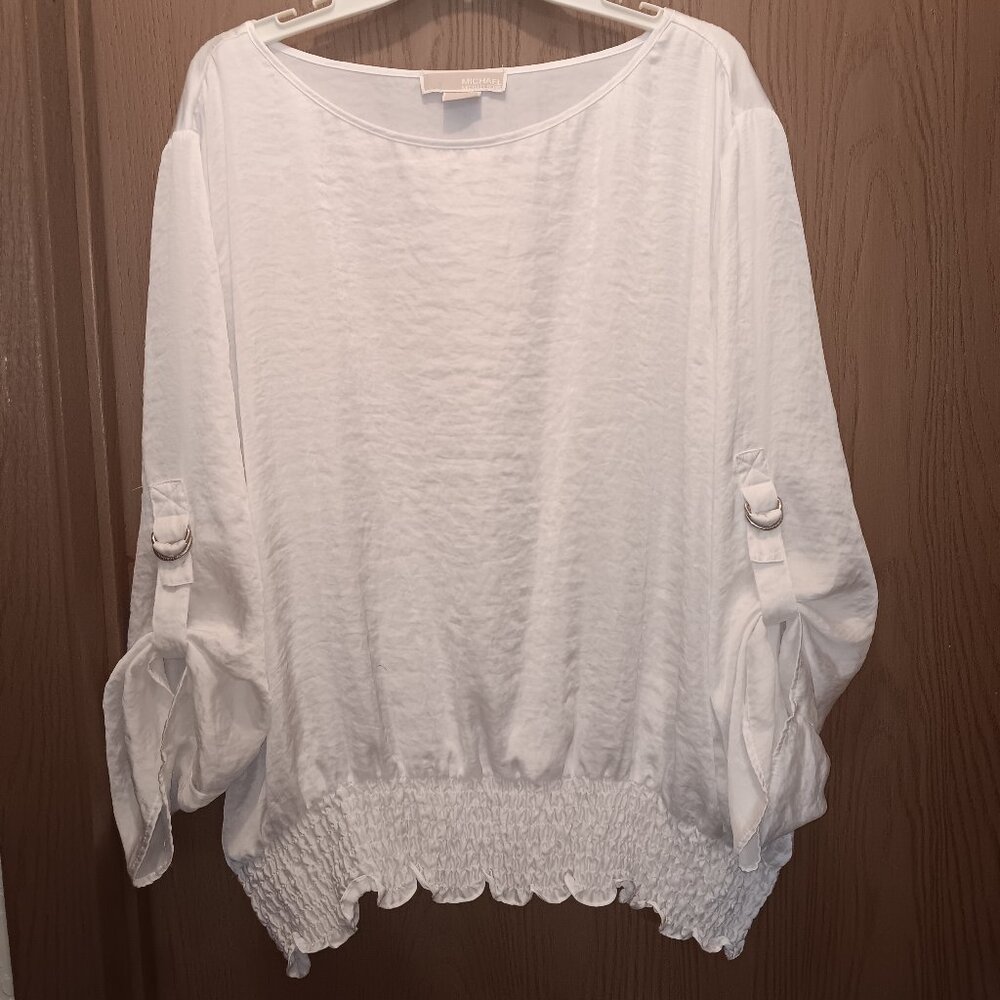MICHAEL Michael Kors MMK women's plus size silky white blouse shirred waist 3X